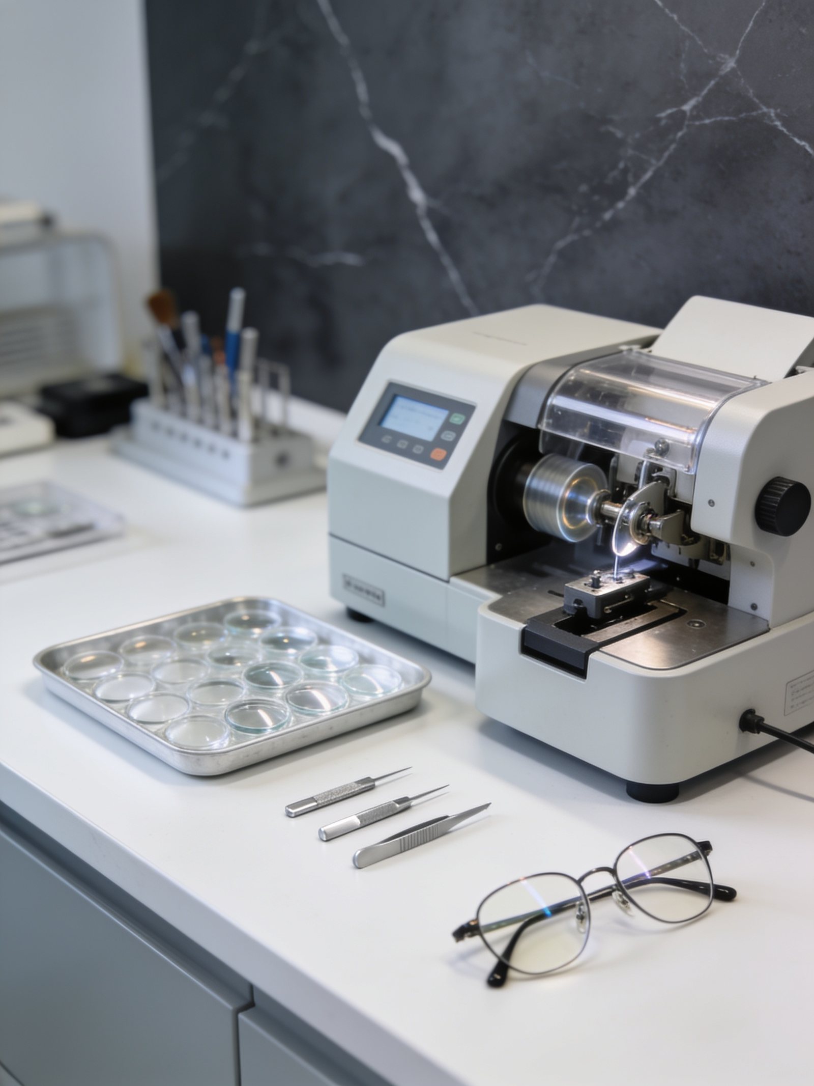 Il banco del laboratorio con la molatrice