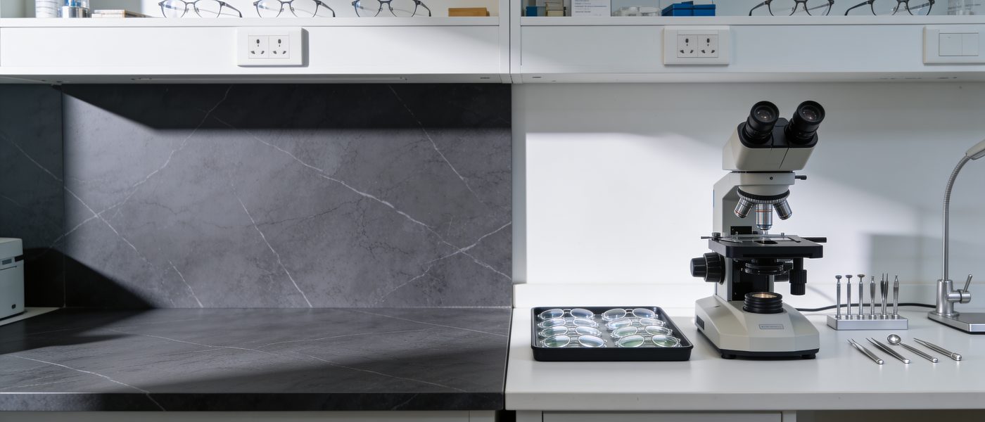 Il banco del laboratorio con il microscopio e le lenti pronte da montare
